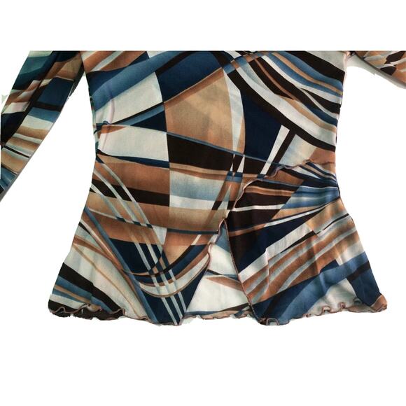 Moa Moa Size Large Geometric V-neck Top 90s Lettuce Edge Trim 3/4 Length Sleeve - Picture 4 of 7